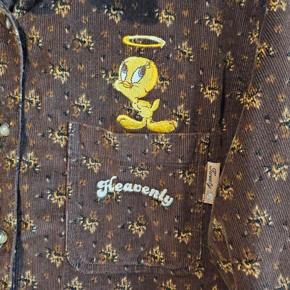 Vtg Looney Toons Tweety Bird Corduroy Blouse Womens 14W/16W Brown Floral 90s - Picture 3 of 9